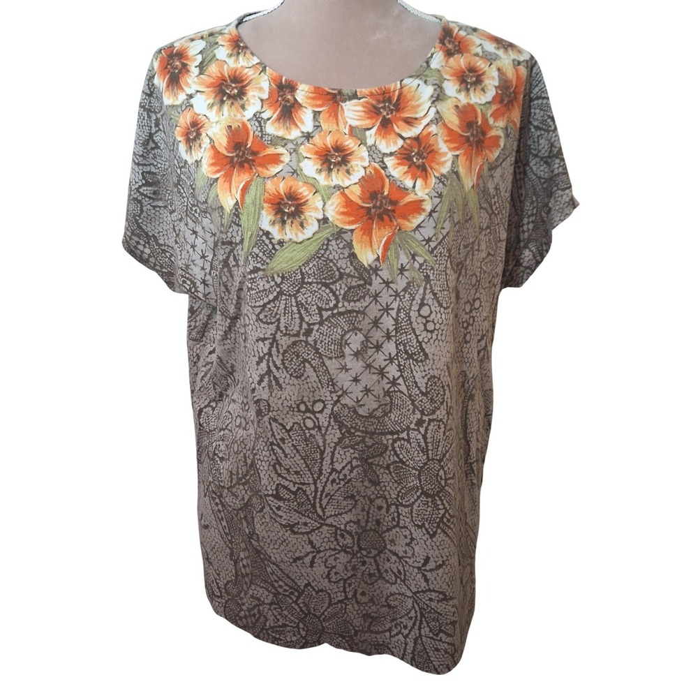 Chico's Size 3 Floral Lace Print Dolman Sleeve Cotton Rayon Top Brown Orange XL